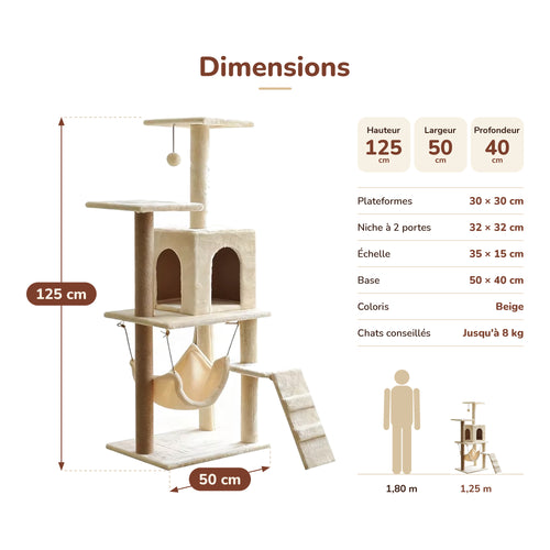 Dimensions de l'arbre à chat Nekova beige : 125 cm de haut, 50 cm de large, 40 cm de profondeur