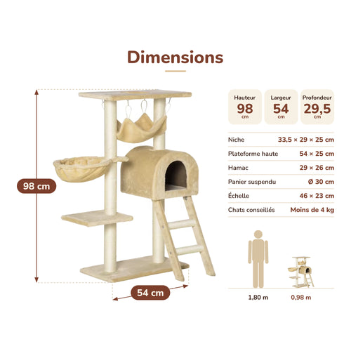 Dimensions de l'arbre à chat Nekova Compact : 98 × 54 × 29,5 cm