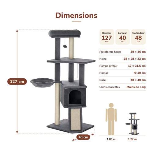Dimensions de l'arbre à chat Nekova Gris : 127 × 40 × 48 cm