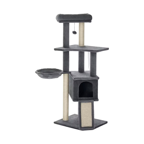 Arbre à chat Nekova Gris, 127 cm, avec niche, hamac et rampe griffoir