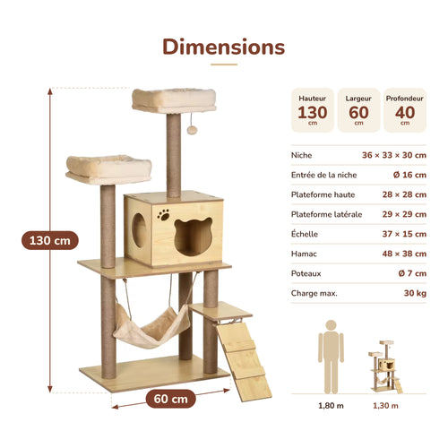 Dimensions de l'arbre à chat Nekova en bois : 130 cm de haut, 60 cm de large, 40 cm de profondeur